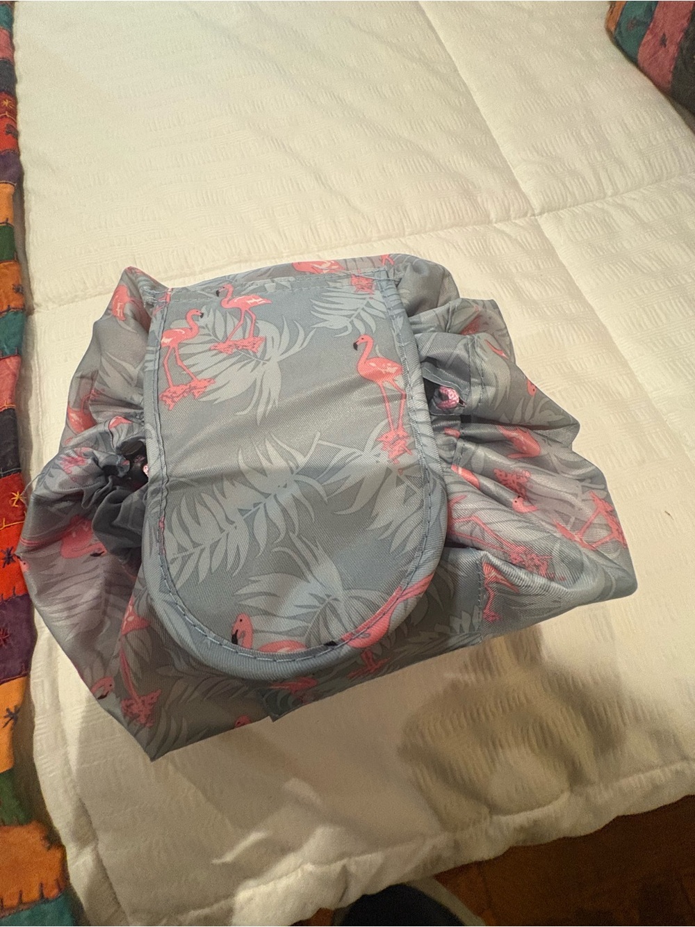 Grey Cosmetic Pouch with Pink Flamingo Print